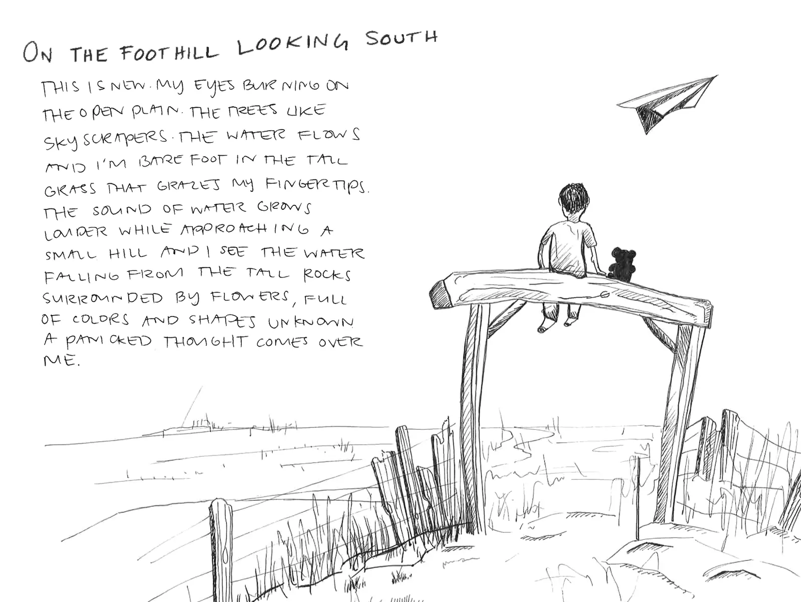 hand-drawn album insert for on the foothill looking south